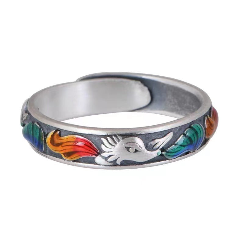 Enamel Fox Ring – Adjustable silver fox ring with multicolor enamel nine tails isolated on white, statement jewelry