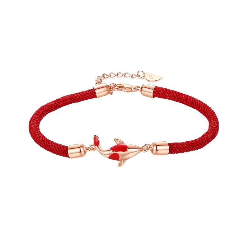 Koi Bracelet – red cord with rose gold koi charm and engraved heart tag, white background