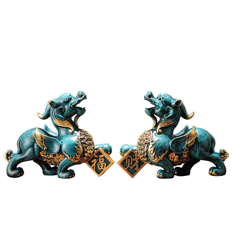 Pi Xiu Statue Pair – Teal patina pair isolated white background, wealth decor