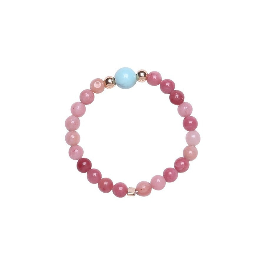 Gemstone Bead Ring – clean white background, full circle of pink beads with light blue turquoise and rose gold spacers, stackable ring