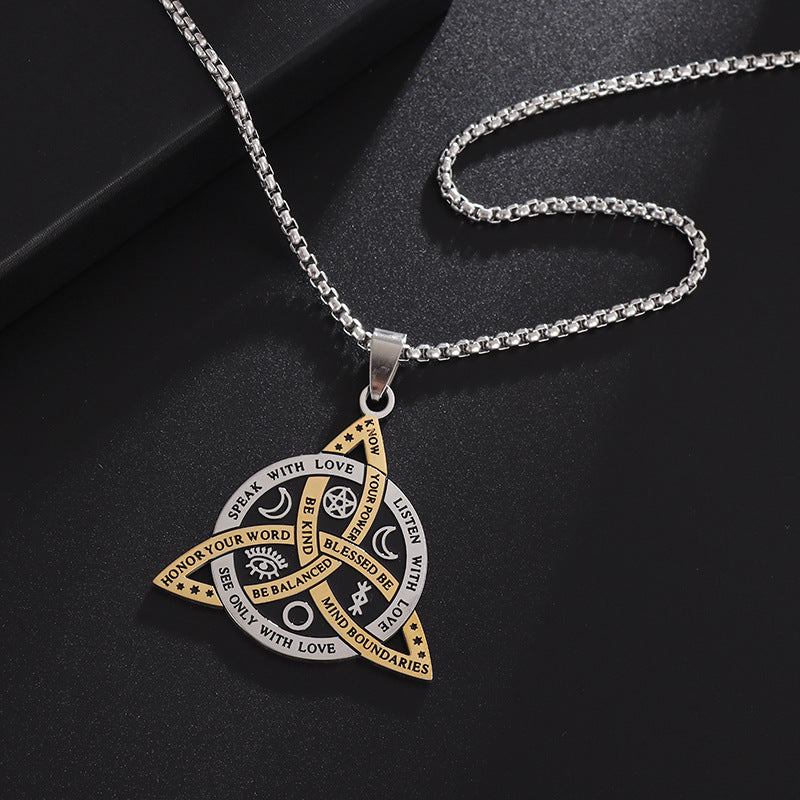 Celtic Moon Star Necklace – silver gold two-tone triquetra on black, Wiccan protection necklace