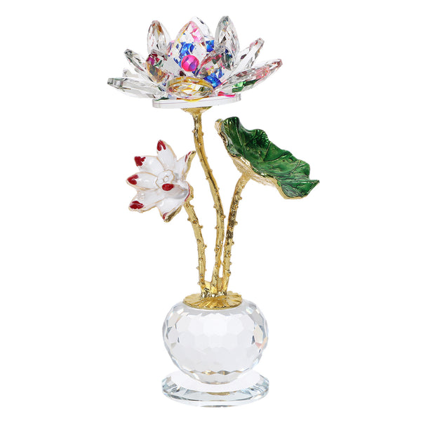 Crystal Lotus – multicolor crystal lotus on white background, gold stem with white bud and green leaf, standalone product