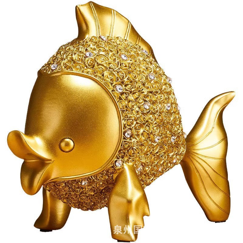Lucky Goldfish Statue – single golden crystal-studded fish close-up on white background, fortune fish figurine