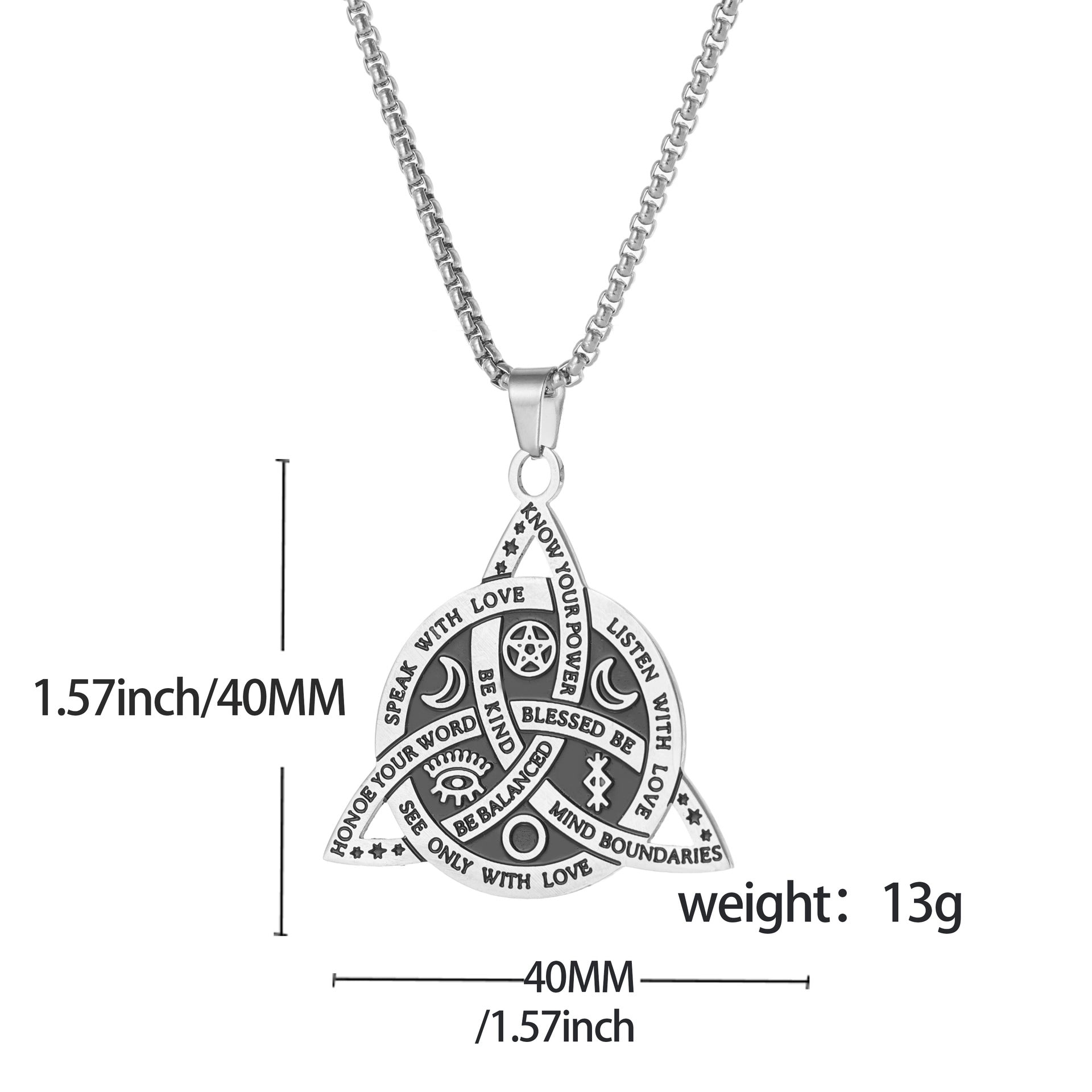 Celtic Moon Star Necklace – silver pendant dimension diagram 40mm 13g white background, product size