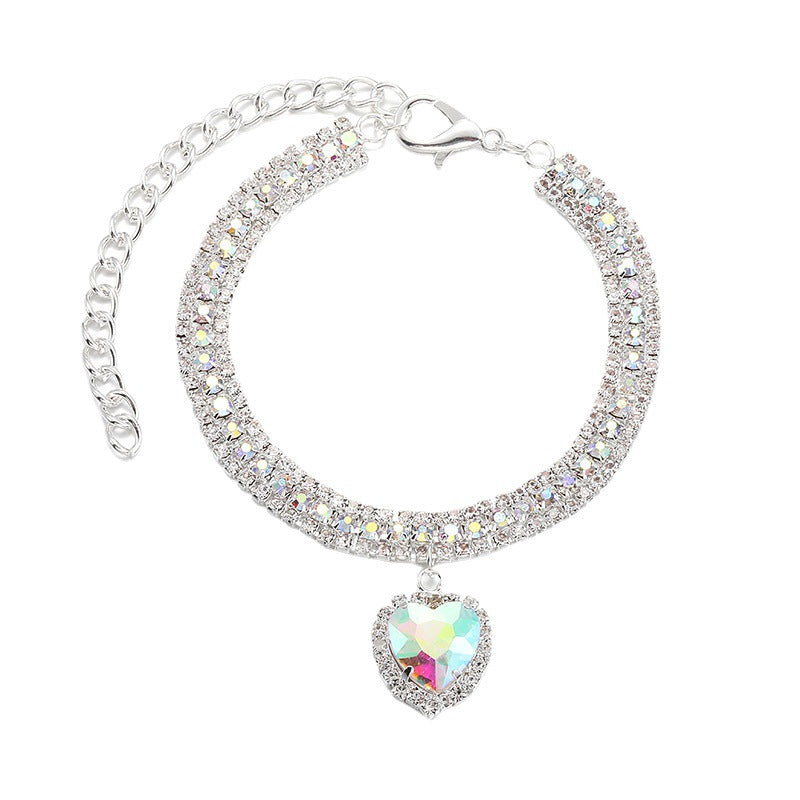 AB Crystal Pet Collar – Clear iridescent rhinestone circle with heart pendant, silver clasp, luxury pet bling