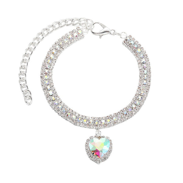 AB Crystal Pet Collar – Clear iridescent rhinestone circle with heart pendant, silver clasp, luxury pet bling