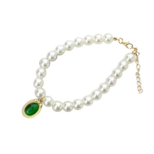 Emerald Pearl Pet Collar – White pearl strand with green cabochon pendant, gold clasp, feng shui luxury pet jewelry