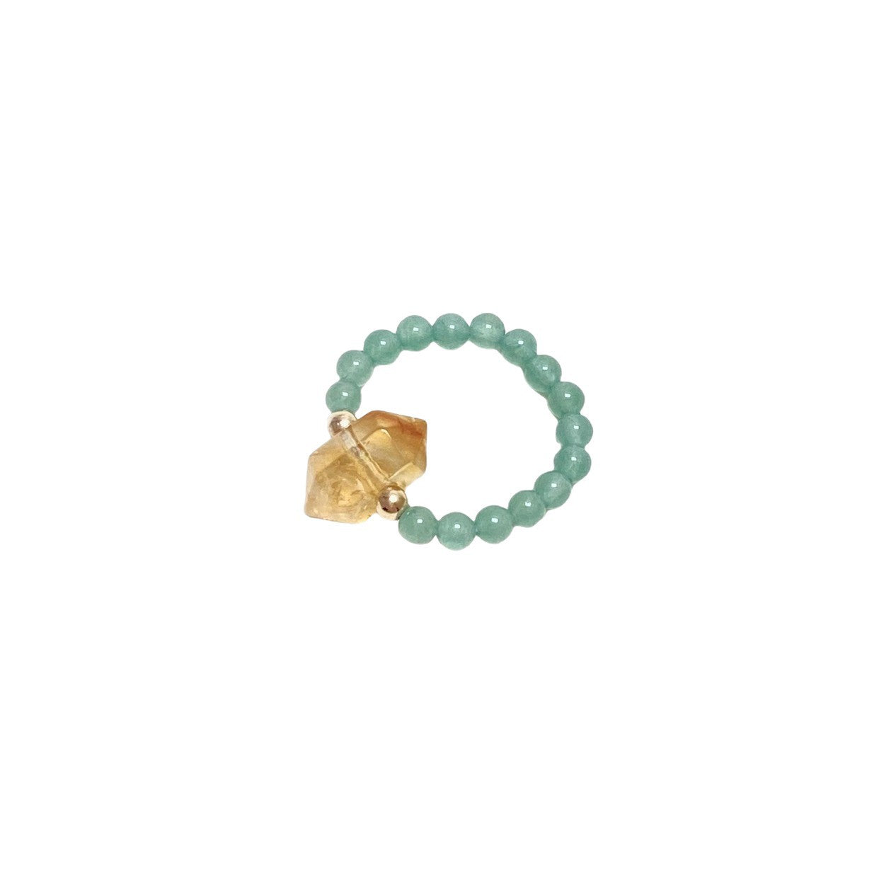 Citrine Aventurine Ring – Isolated green aventurine ring with citrine crystal on white background, prosperity gift