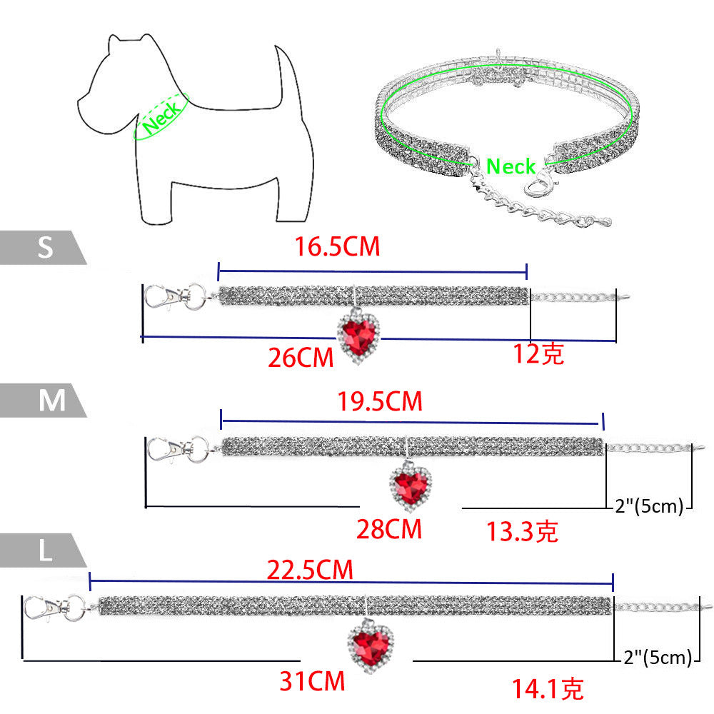 Heart Crystal Pet Collar – size chart S M L with red heart pendant, measurements in cm and inches