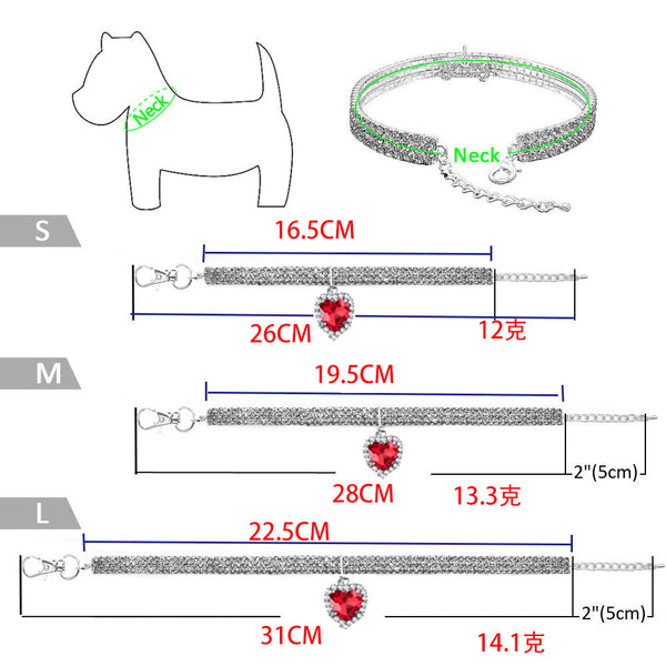 Heart Crystal Pet Collar – size chart S M L with red heart pendant, measurements in cm and inches