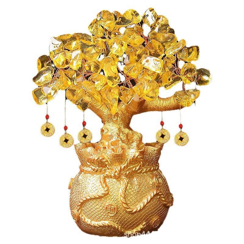 Citrine Money Tree – bright yellow crystal cluster on gold base white background, fortune home decor
