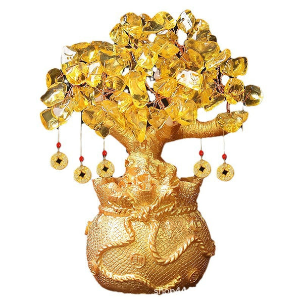 Citrine Money Tree – bright yellow crystal cluster on gold base white background, fortune home decor