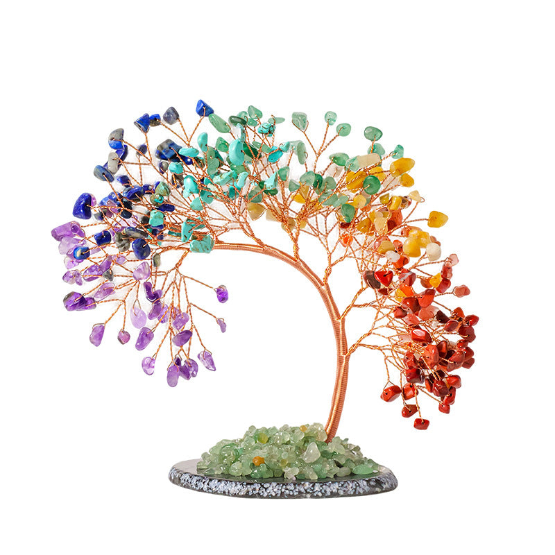 Chakra Crystal Tree – rainbow seven chakra gemstone tree on white background, agate slice base with green stones, detail