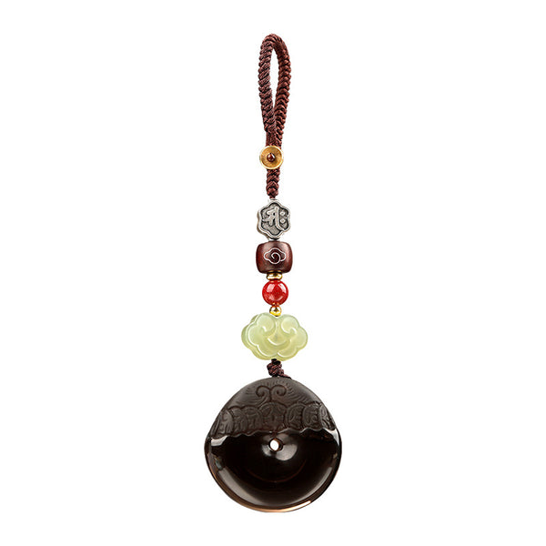 Pixiu Keychain – white background studio shot of ice obsidian disc with jade cloud charm