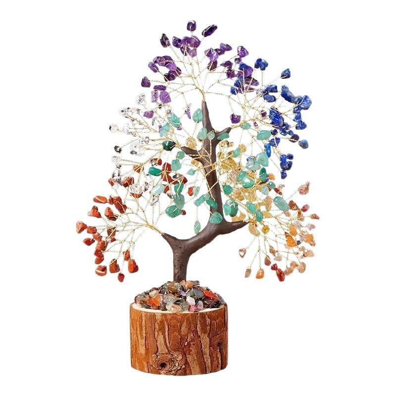 Colorful Crystal Wealth Tree – Rainbow chakra isolated white, seven crystal decor