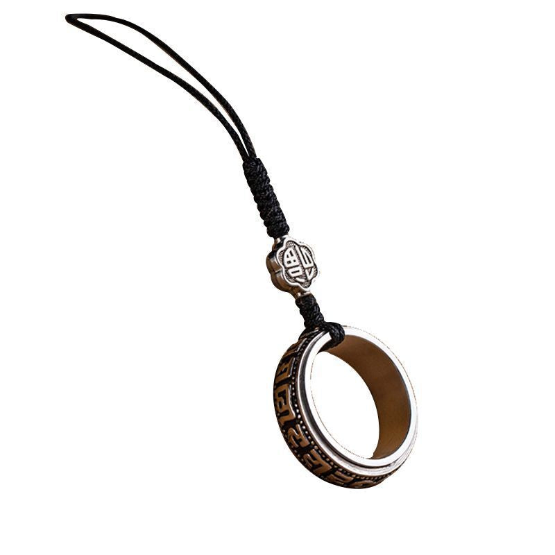 Mantra Phone Ring – silver engraved spinning ring with black cord on clean white background