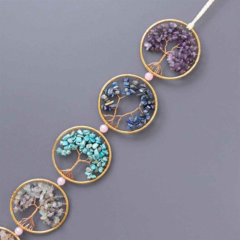 Chakra Tree of Life – close-up top view amethyst lapis turquoise trees on gray, crystal wire art