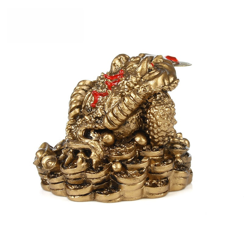 Bronze Money Toad – back view of copper frog with detailed scales and red markings, antique wealth statue