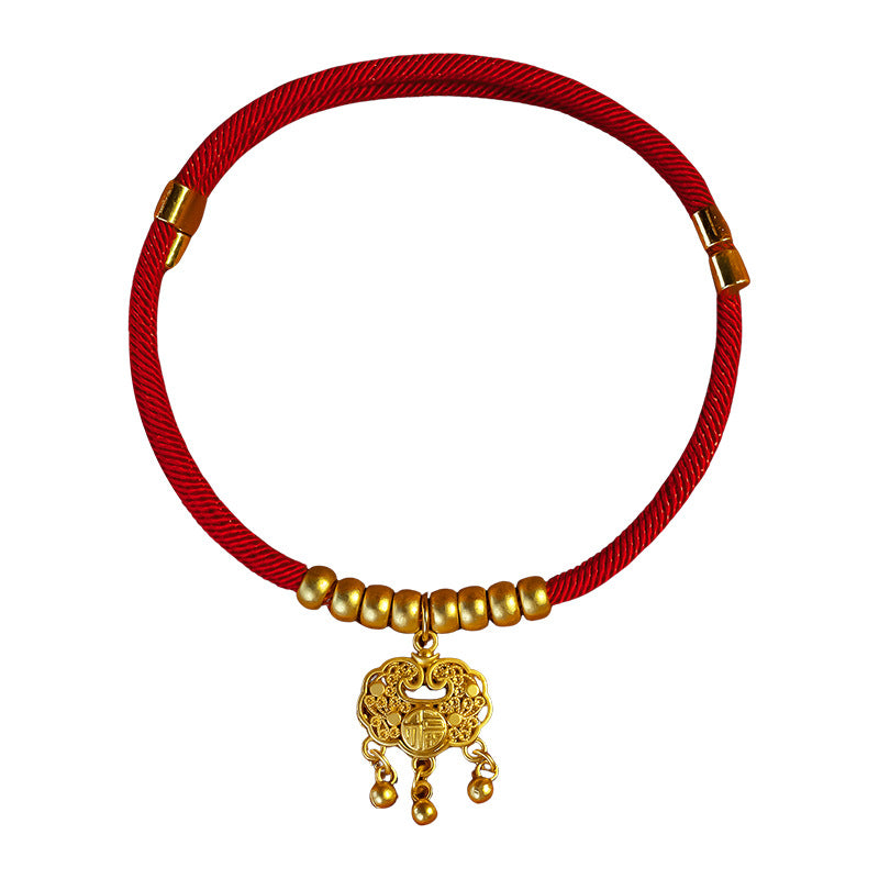 CNY Red Rope Pet Collar – Red braided collar with gold longevity lock pendant isolated on white background