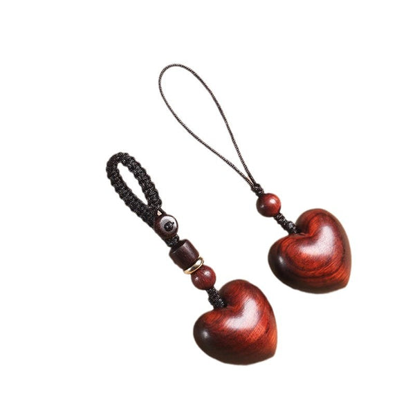 Rosewood Heart Keychain – pair of heart pendants on pure white background showing cord variations