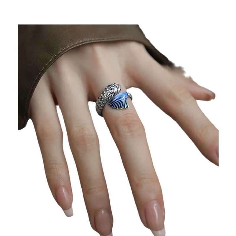Enamel Carp Ring – full hand view of adjustable silver carp ring with blue tail on clean white background, enamel ring