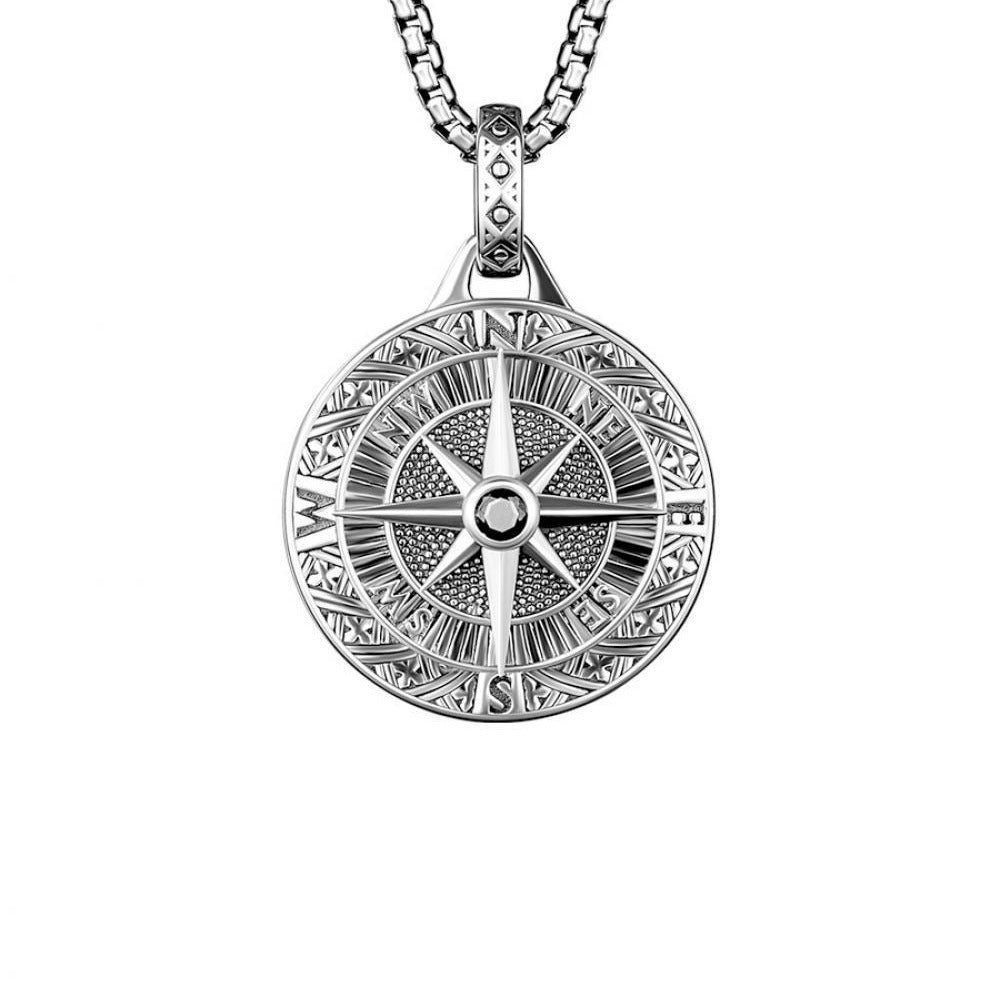 Brass Compass Necklace – antique silver compass with star rose center white background, direction talisman