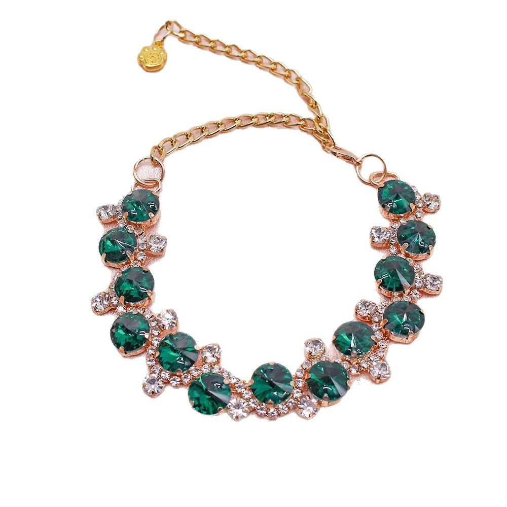 Princess Crystal Pearl Pet Collar – rose gold emerald green crystal collar, prong settings, white background