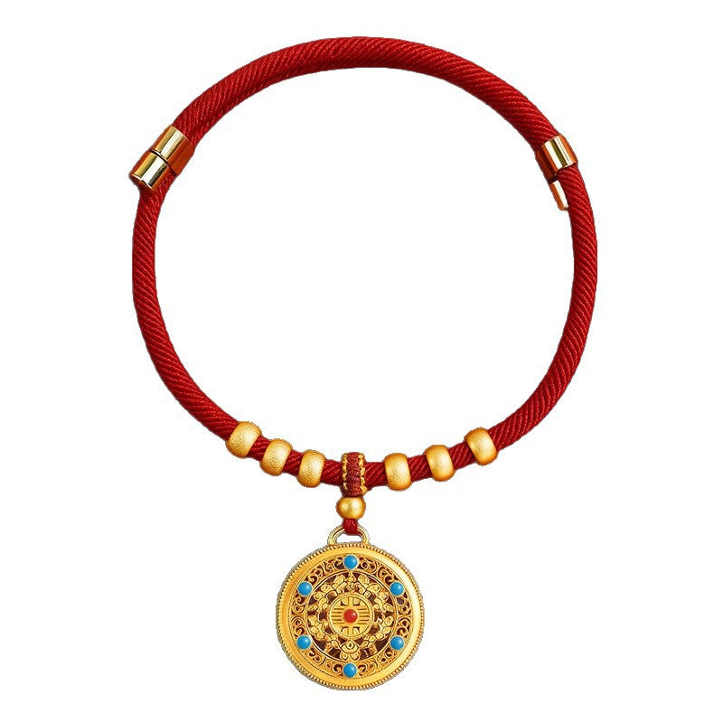 CNY Red Rope Pet Collar - Red cord with gold filigree medallion turquoise stones on white background, CNY pet collar