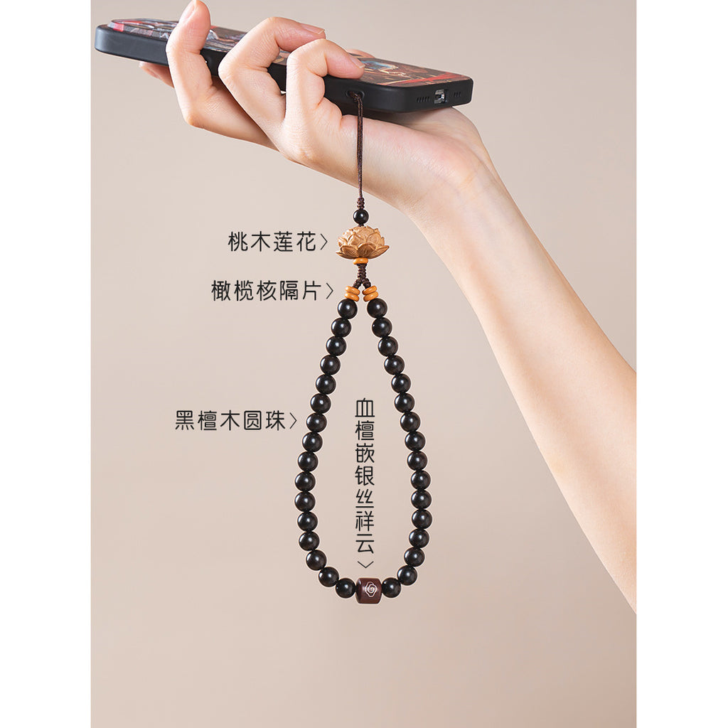 Zodiac Wood Bead Lanyard – Hand using black sandalwood lotus phone strap with Chinese material labels, annotated product detail