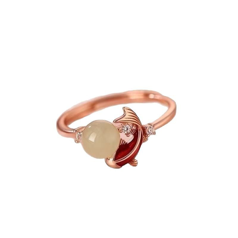 Koi Jade Ring – white background product shot, rose gold open band with red enamel koi and round Hetian jade, feng shui ring