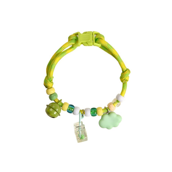 Soft Cat Collar – Yellow-green rope with cloud charm, bell & translucent beads, adjustable pet necklace