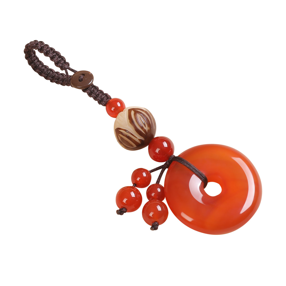 Agate Chalcedony Safety Knot Keychain – red agate on white background, striped lotus bead detail