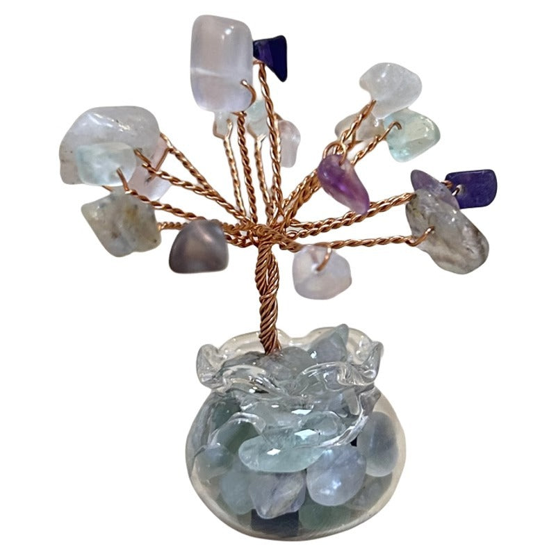 Mini Wealth Tree – opalite iridescent crystal tree on white background, glass geode pot, closeup product detail