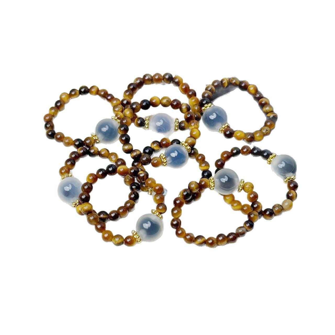 Tiger Eye Beaded Ring – Multiple tiger eye beaded rings stacked on white background, wholesale set