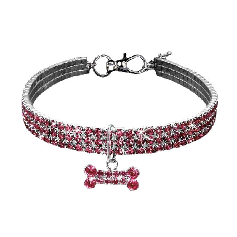 Pink Stretchy Pet Collar – Fuchsia crystal 3-row elastic band with bone charm, expansion mesh, bling cat collar