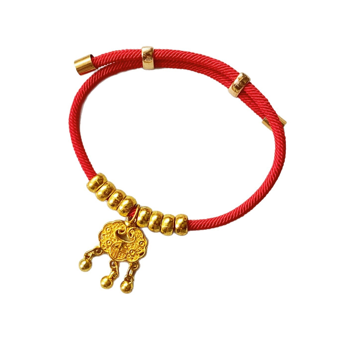 Longevity Lock Pet Collar - Red cord with gold longevity lock and three dangling bells on white background, pet necklace