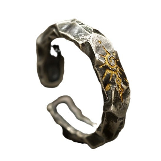 Self-Discipline Ring – Open cuff Thai silver ring with gold sun detail on white background, willpower gift