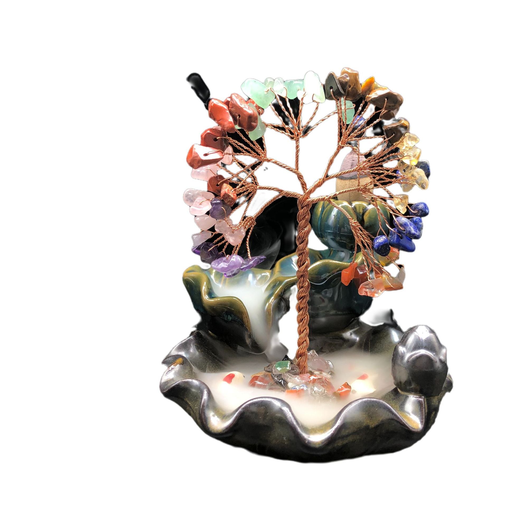 Crystal Tree Incense Burner – illuminated gem canopy with backflow mist on lotus dish, white background, prosperity decor