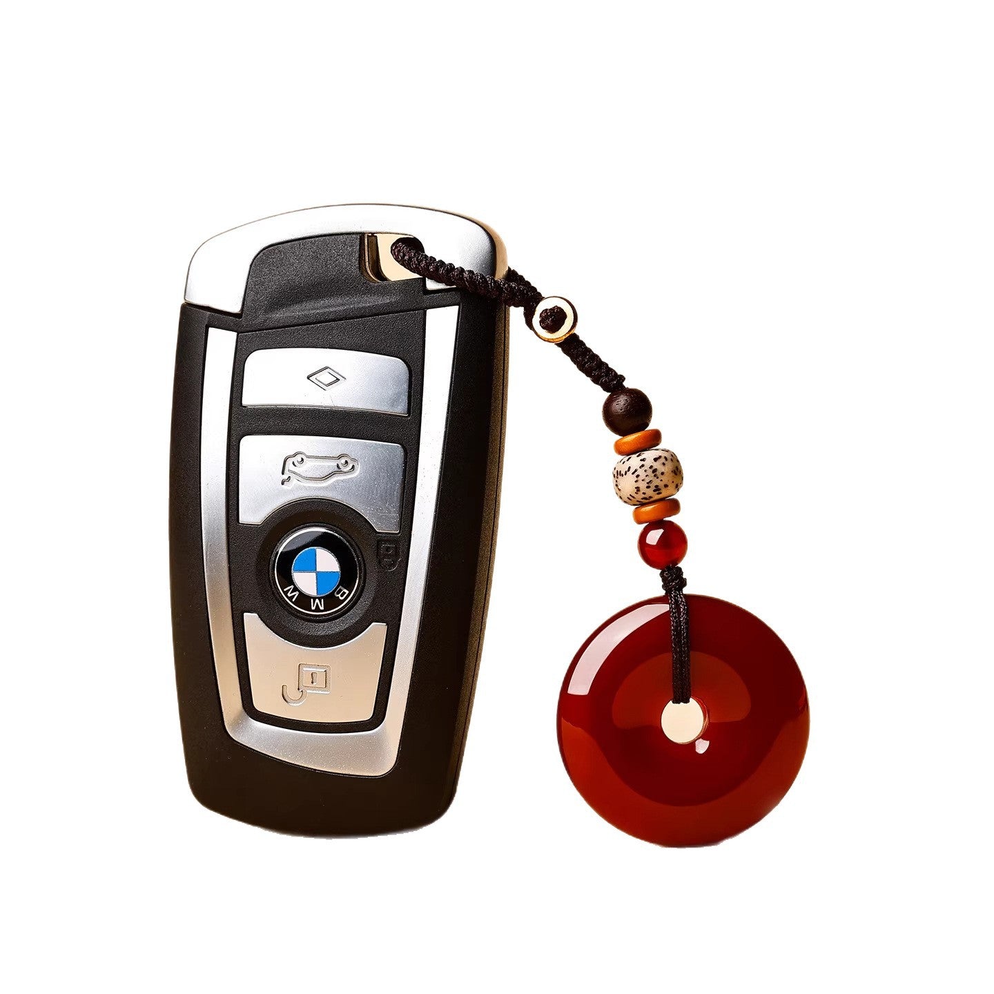 Jade Keychain Pendant – Red-brown jade donut on BMW key fob white background with brown cord, good luck car gift