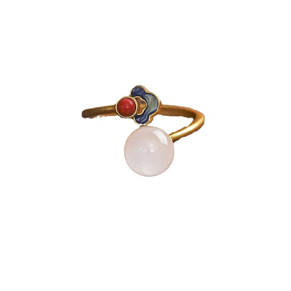 Hetian Jade Clouds Ring – front view white jade sphere with blue enamel cloud and red accent on white, lucky ring