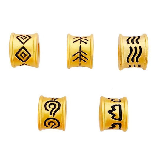 Five Elements Bracelet – five gold sand gold barrel beads with black elemental symbols on white, Tibetan charm beads