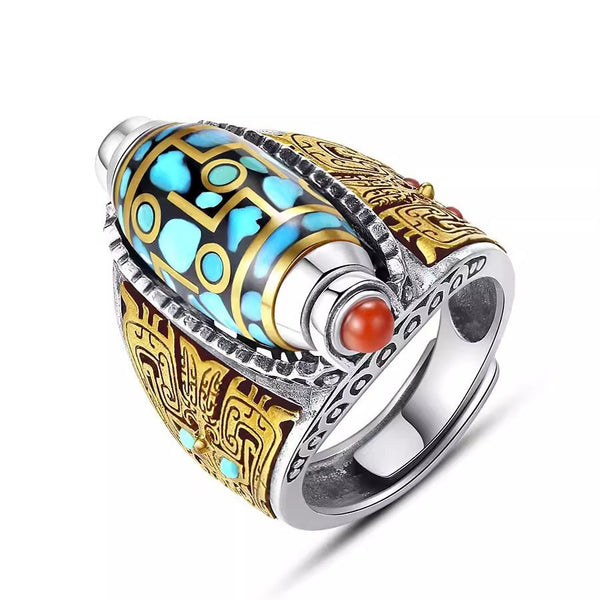 Dzi Bead Prayer Wheel Ring – product shot on white background showing full design and open band