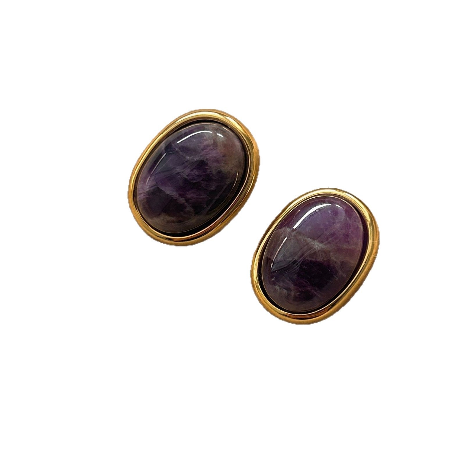Amethyst Stud Earrings – pair of oval purple amethyst cabochon stud earrings in textured gold setting on pure white background, spiritual jewelry