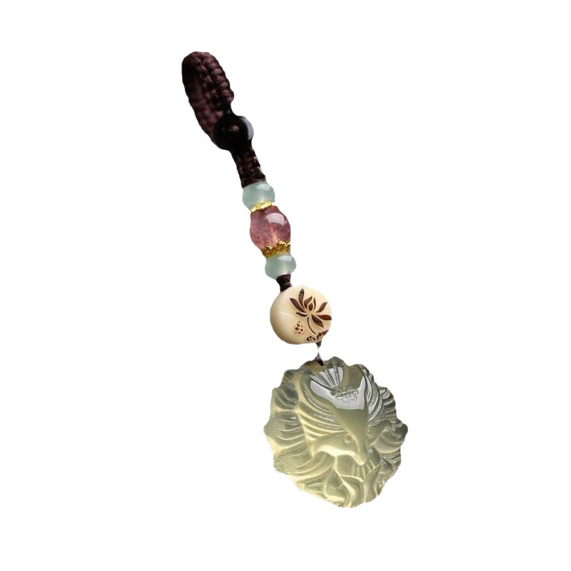 Quartz Fox Keychain – single pale citrine nine-tailed fox pendant with pink and green beads isolated on pure white background