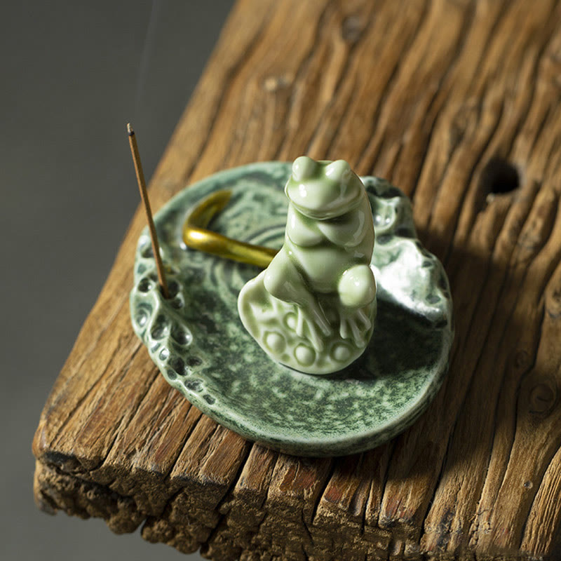 Ceramic Frog Incense Burner – On wood plank with gold accent, Rustic elegance