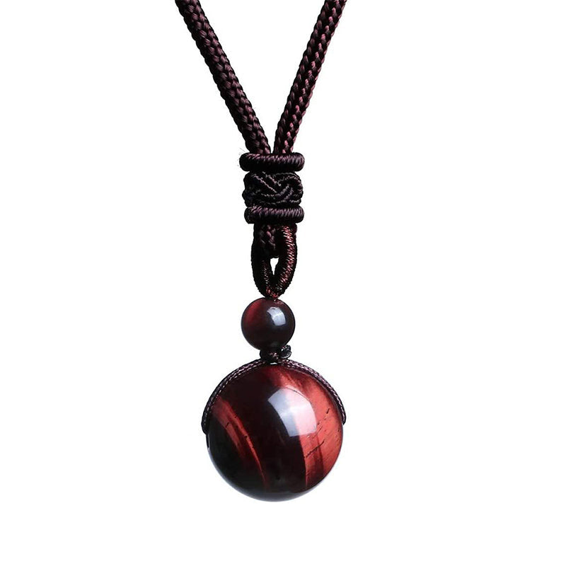 Tibetan Tiger Eye Obsidian Amethyst Protection Necklace – Red tiger's eye spherical pendant with chatoyant banding on dark brown cord