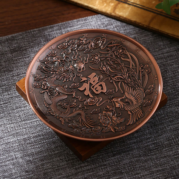Copper Incense Burner – dragon and phoenix with fortune symbol, rich patina