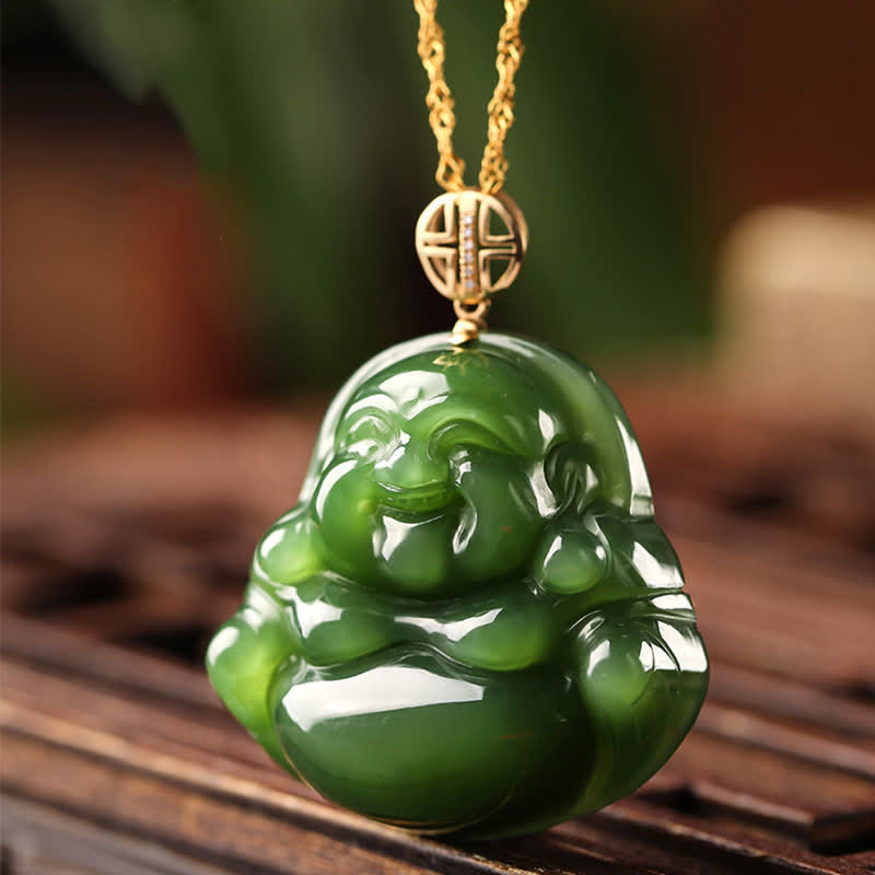 Laughing Buddha Cyan Jade Necklace – close-up of 18k gold accent frame, gold rim jade pendant detail