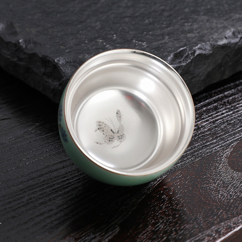 Butterfly Goldfish Teacup – side profile with lotus and koi pattern, ceramic tea