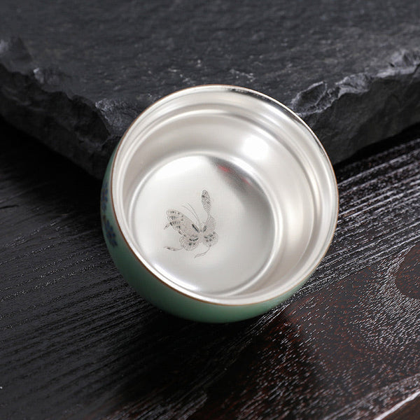 Butterfly Goldfish Teacup – side profile with lotus and koi pattern, ceramic tea